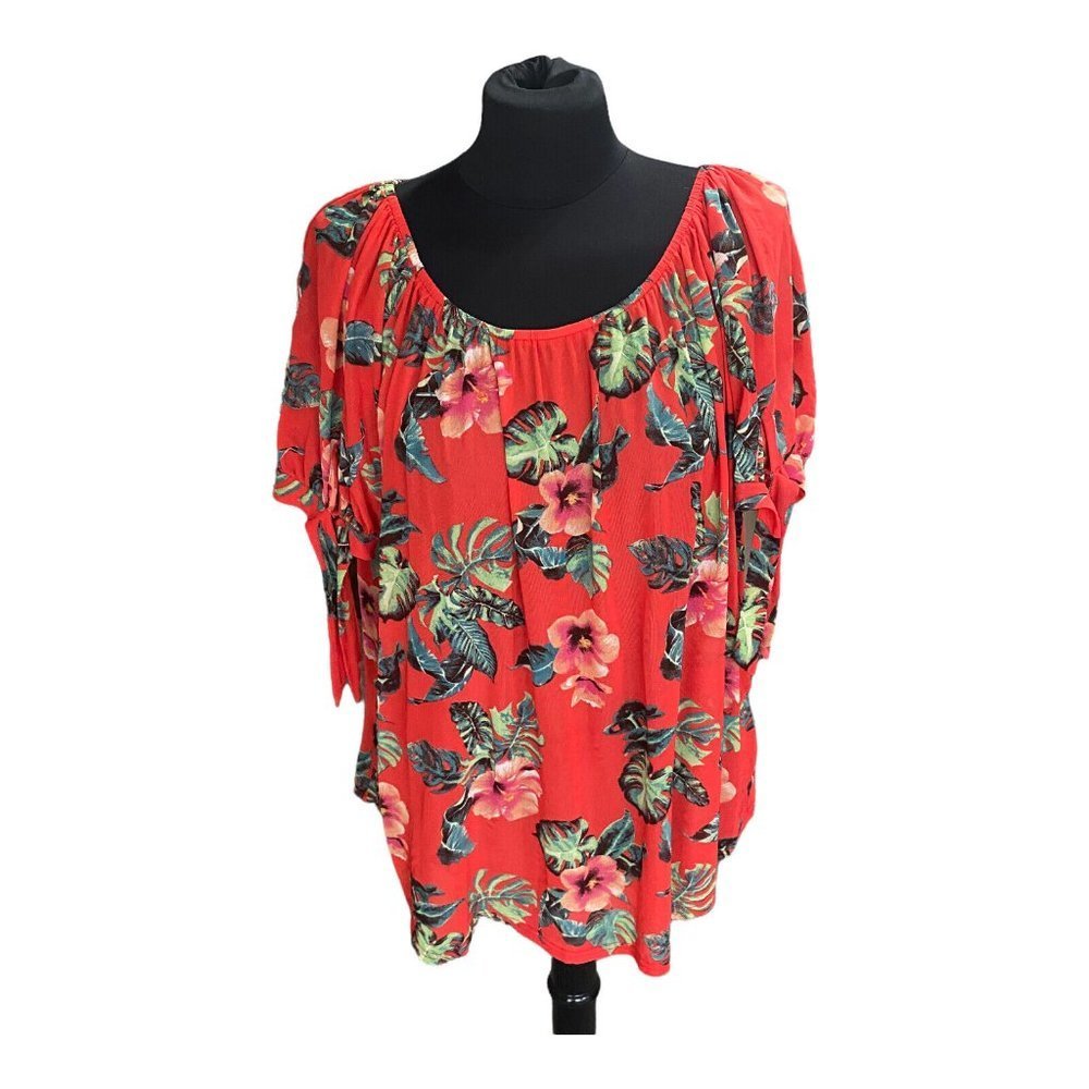 Siren Lily Shirt Womens 1X Red Floral Tunic Slit Sleeve Sheer Lightweight Casual